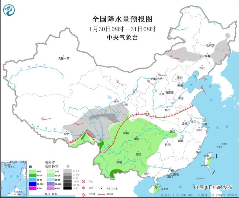 图1 全国降水量预报图(1月30日08时-31日08时)